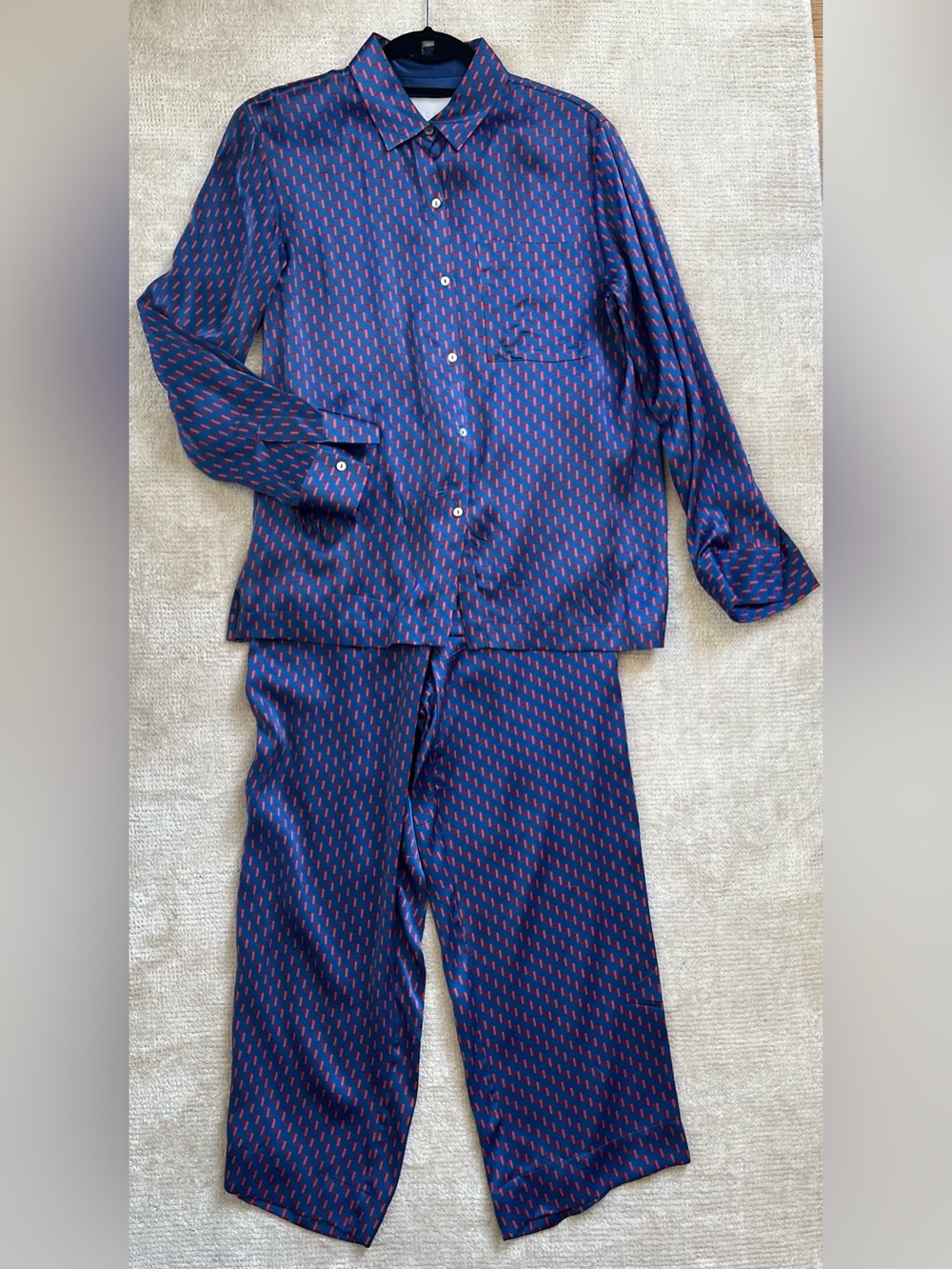 ASCENO Pajama SET geometric royal blue 100% Silk Small